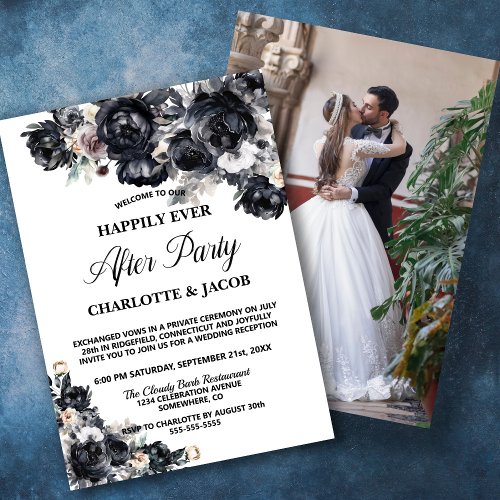 Black Floral Elopement Photo Wedding Reception Invitation