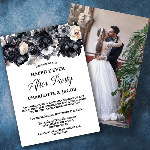 Black Floral Elopement Wedding Photo Reception Invitation