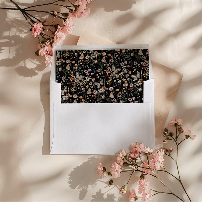 Black Floral Envelope Liner (Moody Boho Black Floral Envelope Liner by Painted Paperie)