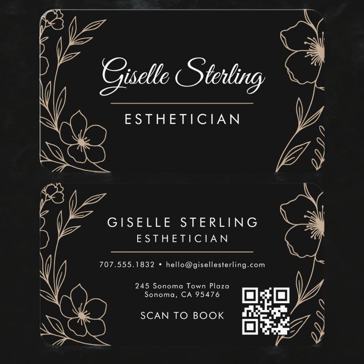 Black Floral Esthetician QR Code Business Card