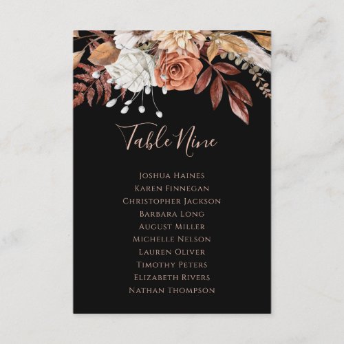 Black Floral Fall Wedding Seating Chart Table Plan