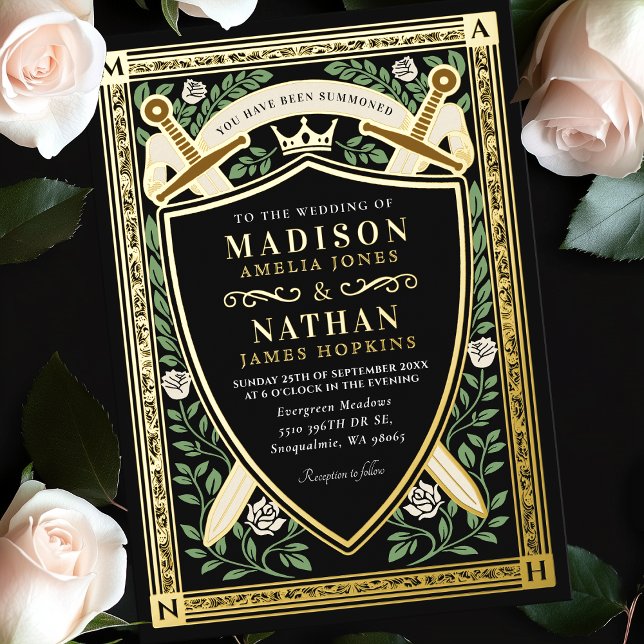 Black Floral Fantasy Sword Shield Monogram Wedding Foil Invitation (Creator Uploaded)