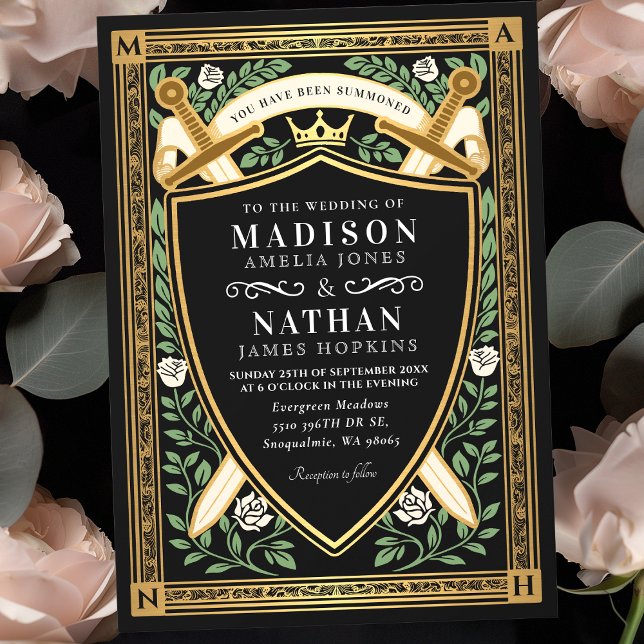 Black Floral Fantasy Sword Shield Monogram Wedding Invitation (Creator Uploaded)