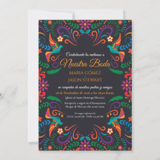 Black Floral Fiesta Colorful Boda Spanish Wedding Invitation