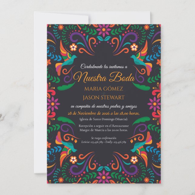 Black Floral Fiesta Colorful Boda Spanish Wedding Invitation (Front)