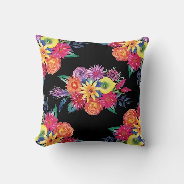 Black Floral Fiesta Mexican Flower Throw Pillow (Front)