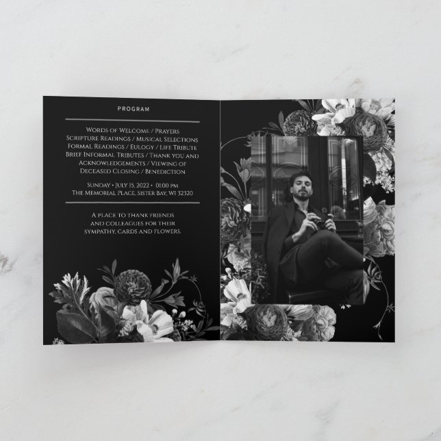Black Floral Folded Funeral Memorial Program (Inside)