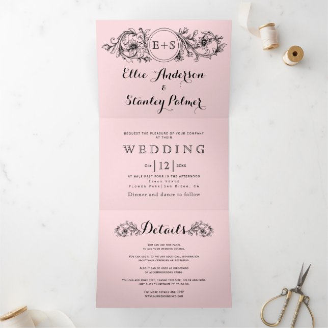 Black floral frame and initials blush pink wedding Tri-Fold invitation (Inside)