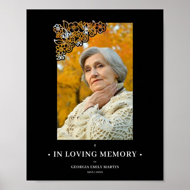 Black Floral Frame & Elegant Photo Funeral Poster (Front)