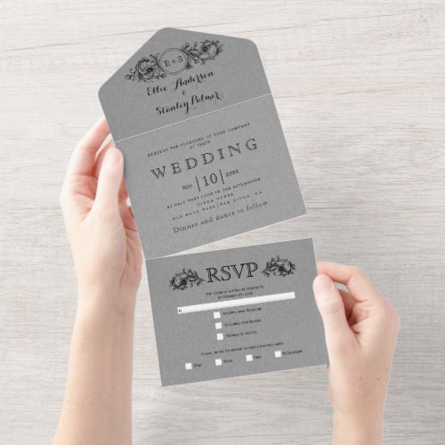 Black floral frame gray kraft paper wedding  all in one invitation