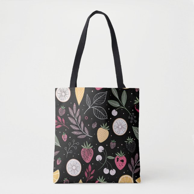 “Black Floral Fruit Pattern Tote Bag” Bag (Front)