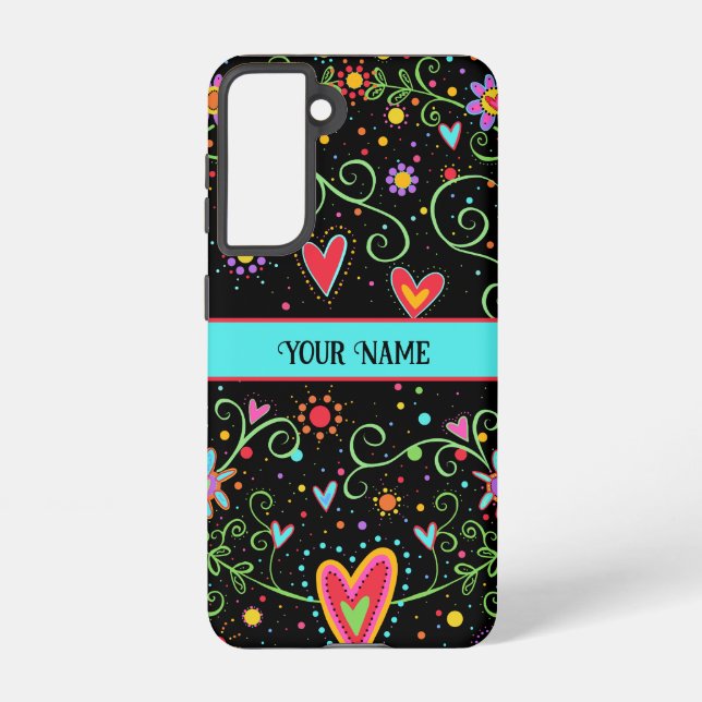 Black Floral Fun Whimsical Hearts Personalized Samsung Galaxy Case (Back)
