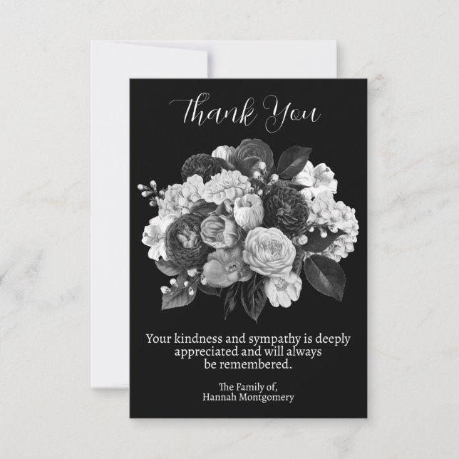 Black Floral Funeral and Sympathy Thank You Card (Front)
