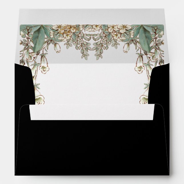 Black Floral Garland Script Elegant Wedding Envelope (Back (Bottom))