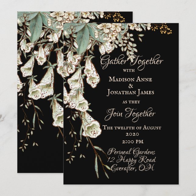 Black Floral Garland Script Elegant Wedding Invitation (Front/Back)