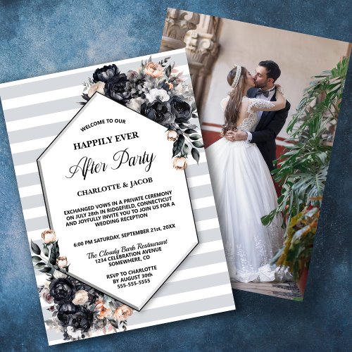 Black Floral Geometric Striped Wedding Reception Invitation