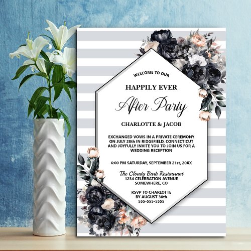 Black Floral Geometric Striped Wedding Reception Invitation