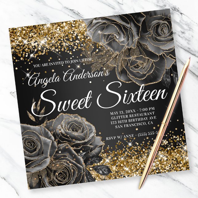 Black Floral Glam Gold Glitter Sweet Sixteen Invitation (Creator Uploaded)
