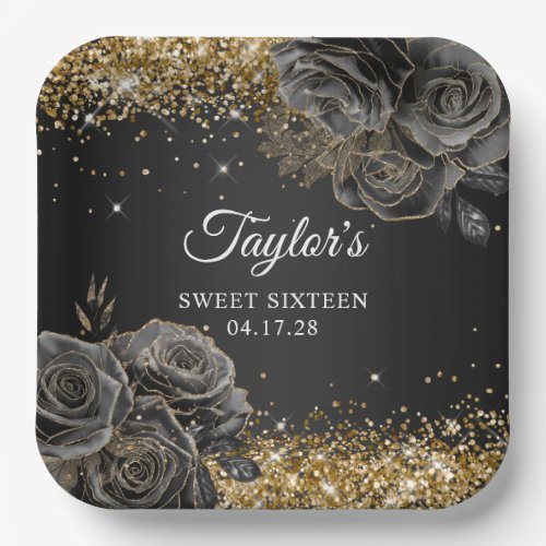 Black Floral Glam Gold Glitter Sweet Sixteen Paper Plates
