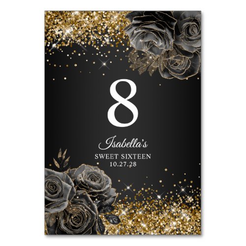 Black Floral Glam Gold Glitter Sweet Sixteen Table Number