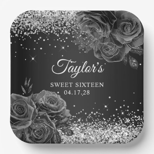 Black Floral Glam Silver Glitter Sweet Sixteen Paper Plates