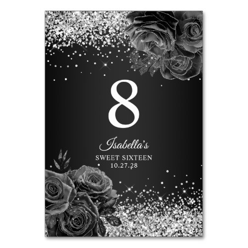 Black Floral Glam Silver Glitter Sweet Sixteen Table Number