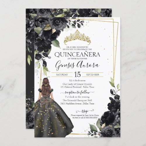 Black Floral Gold Accent Elegant Quinceanera Invit Invitation