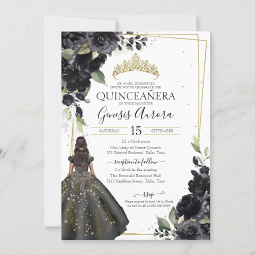 Black Floral Gold Accent Elegant Quinceanera Invitation | Zazzle