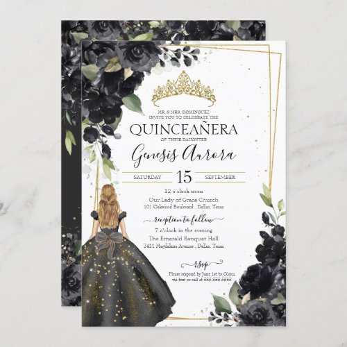 Black Floral Gold Accent Elegant Quinceanera Invitation