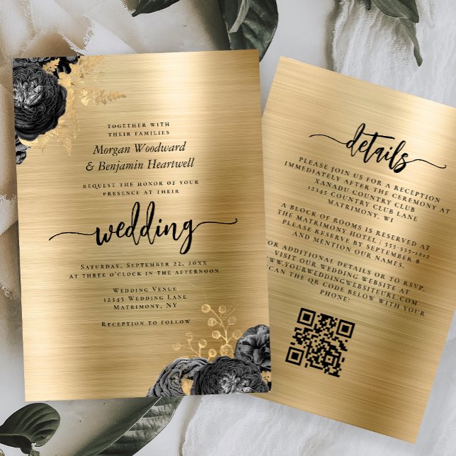 Black Floral Gold Brushed Metal QR Code Wedding Invitation (Creator Uploaded)