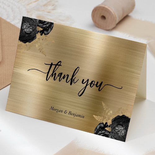 Black Floral Gold Brushed Metal Wedding Thank You Card