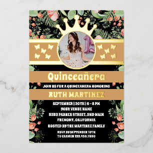 Black Floral Gold Butterfly Quinceanera Photo Foil Invitation