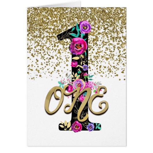 Black Floral Gold Glitter ONE 1 1st Birthday Party (Front)