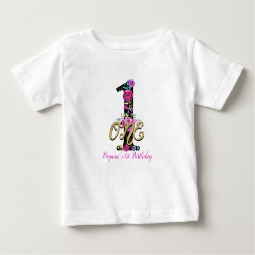 Black Floral Gold Glitter ONE 1 1st Birthday Party Baby T_Shirt