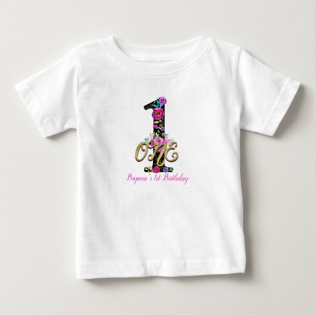 Black Floral Gold Glitter ONE 1 1st Birthday Party Baby T-Shirt (Front)