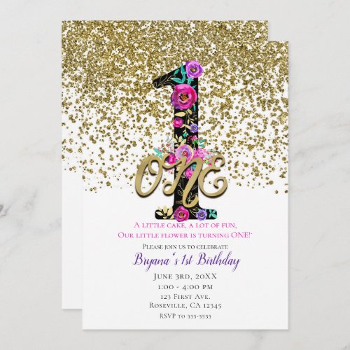 Black Floral Gold Glitter ONE 1 1st Birthday Party Invitation
