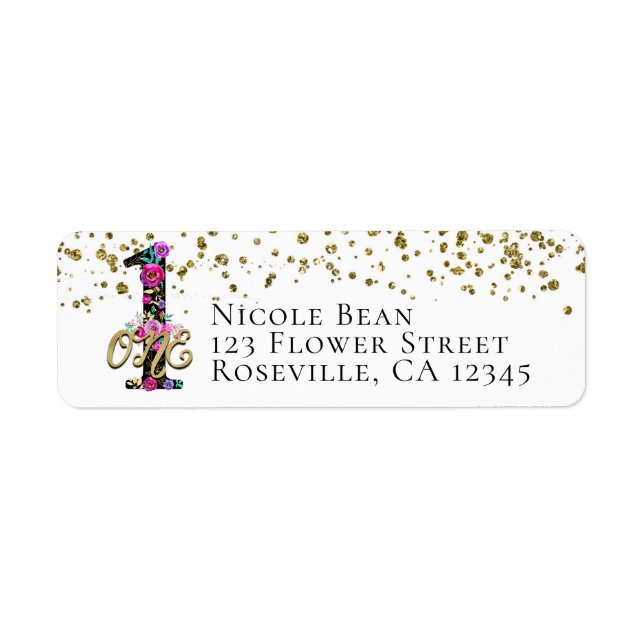 Black Floral Gold Glitter ONE 1 1st Birthday Party Label (Front)