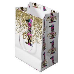 Black Floral Gold Glitter ONE 1 1st Birthday Party Medium Gift Bag