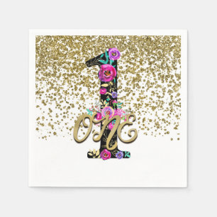 Black Floral Gold Glitter ONE 1 1st Birthday Party Paper Napkins