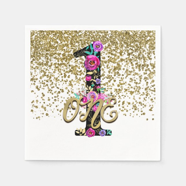 Black Floral Gold Glitter ONE 1 1st Birthday Party Paper Napkins (Front)