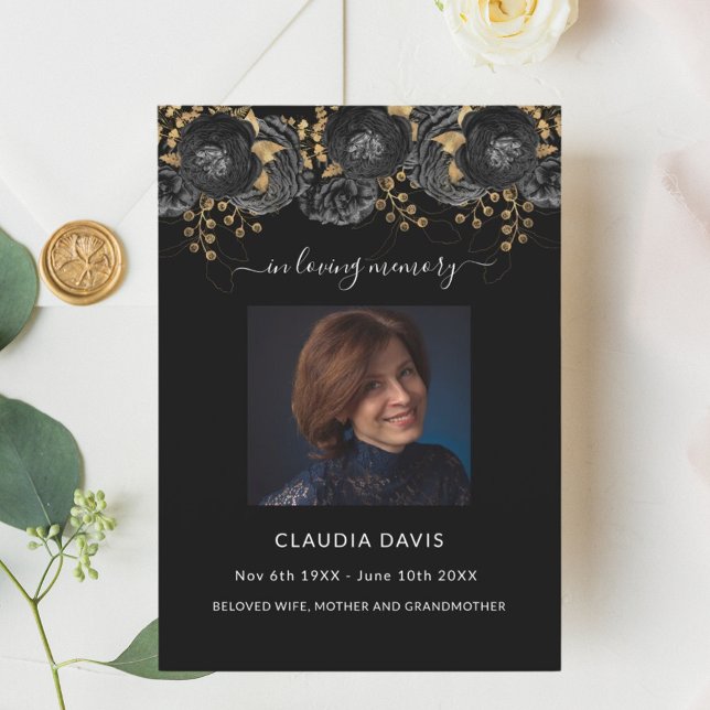Black floral gold photo tri-fold funeral program (Creator Uploaded)