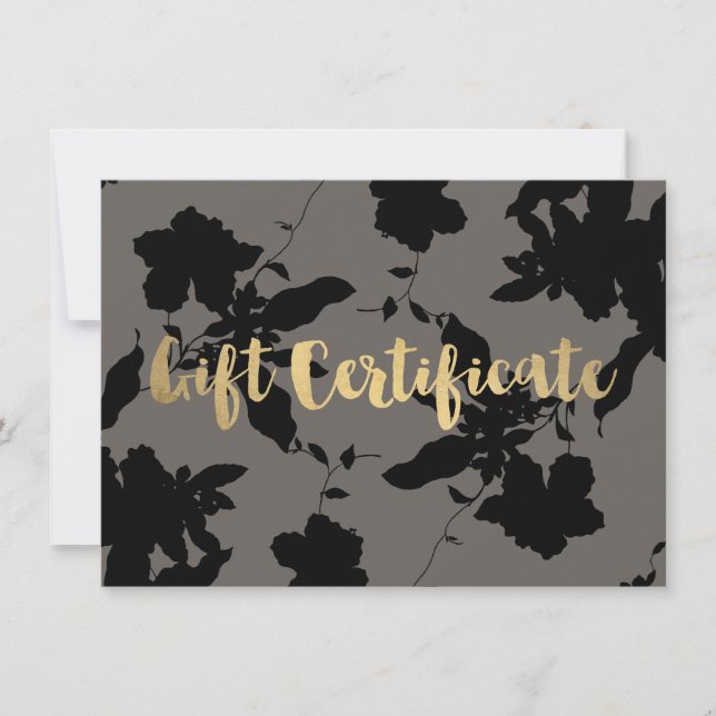 Black Floral Gold Text Gray Gift Certificate (Front)
