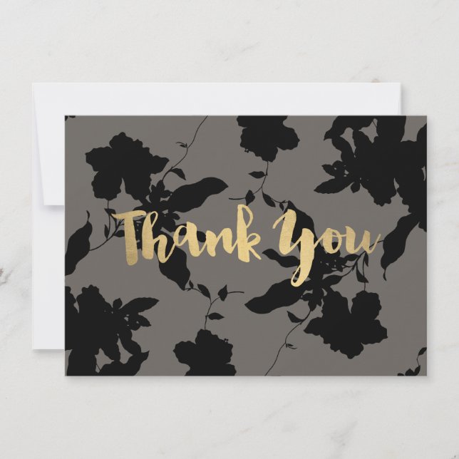 Black Floral Gold Text Gray Thank You Card (Front)