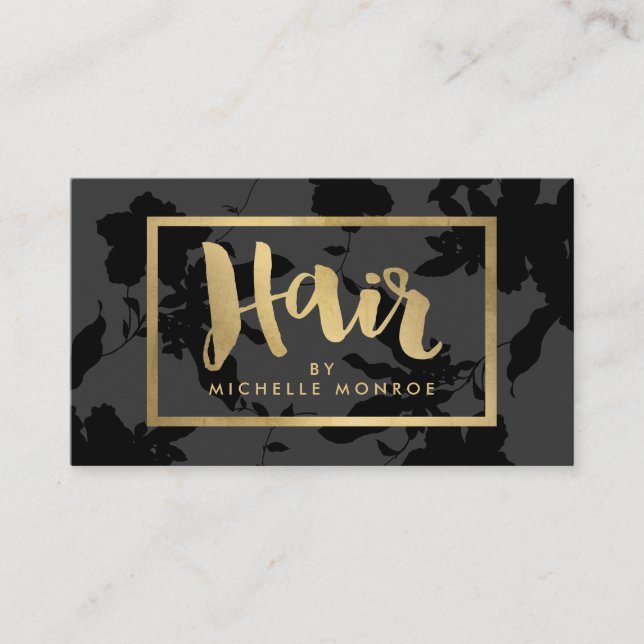 Black Floral Gold Text Hair Stylist Business Card (Front)