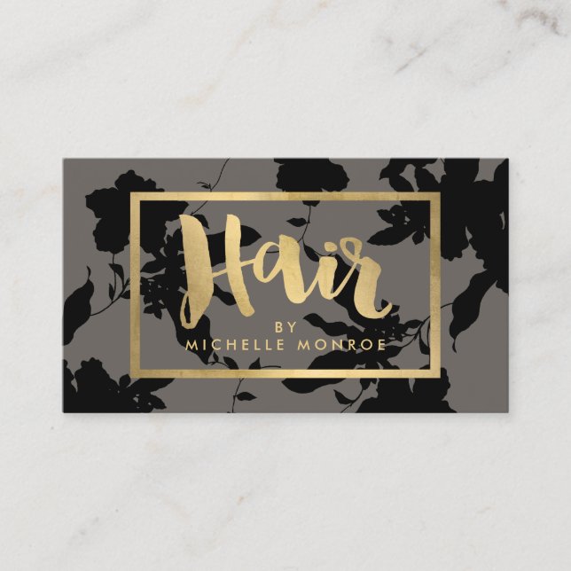 Black Floral Gold Text Hair Stylist Gray Business Card (Front)
