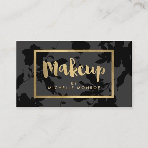 Customizable Elegant Gold Makeup Text on Dark Gray/Black Floral Business Card