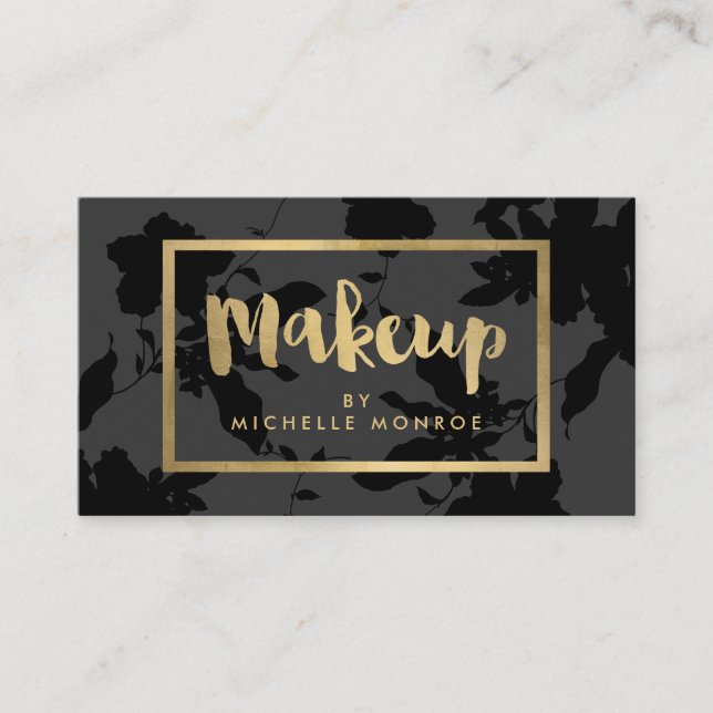 Black Floral Gold Text Makeup Artist Business Card (Front)
