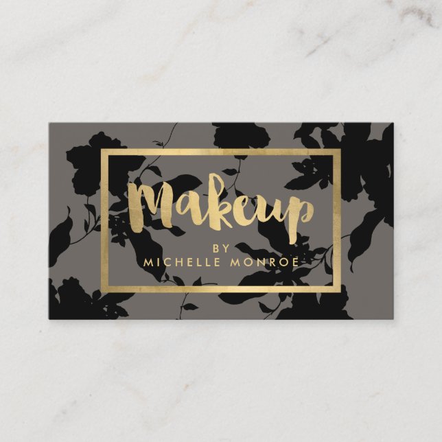 Black Floral Gold Text Makeup Artist Gray Business Card (Front)