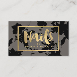 Black Floral Gold Text Nail Salon Gray Business Card