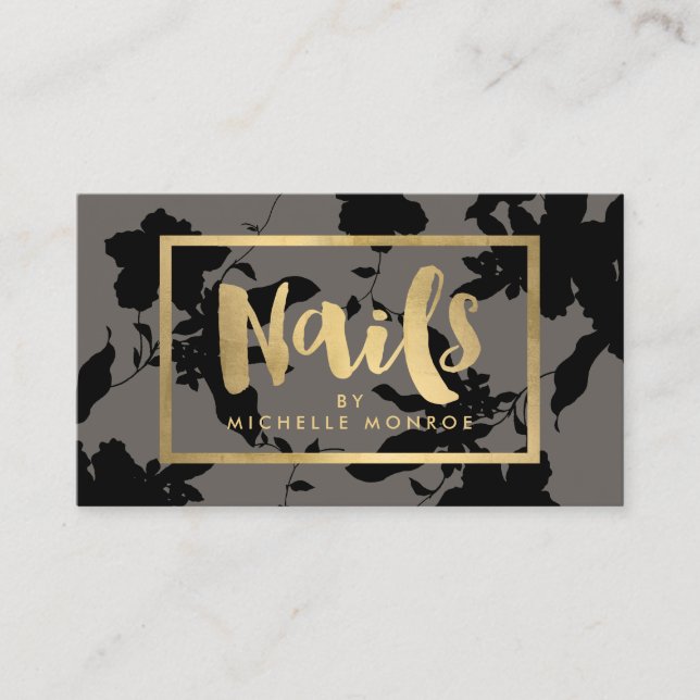 Black Floral Gold Text Nail Salon Gray Business Card (Front)